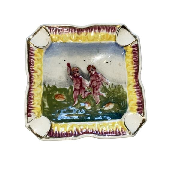 Porcelain Ashtray Two Children Playing In A field Davein Japan Vintage Trinket - Picture 1 of 8